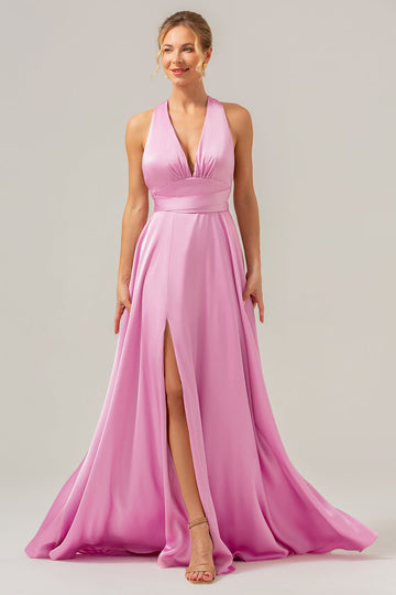 Vestido de dama de honor largo de satén sin espalda con escote en V rosa A Line con abertura